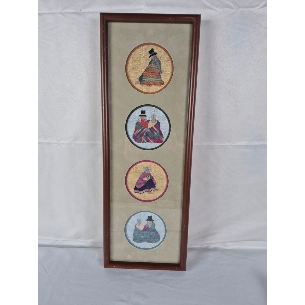 Vintage Southwestern Needlepoint Wall Art Framed Cross‎ Stitch Figures 4 Panels